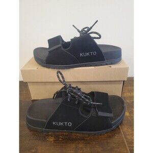 KUKTO Black Slide Sandals Size 6.5 Women Adjustable Strap Comfort Slides NIB